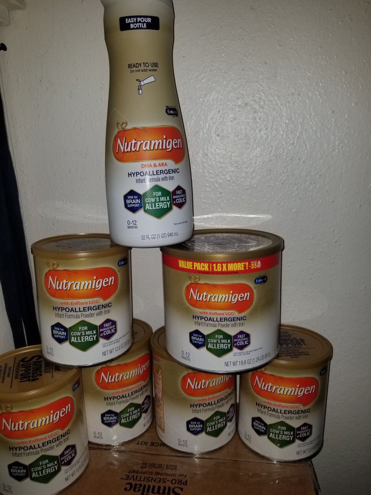 Nutramigen. 5 CANS OF 12 OZ, 1 LARGE CAN OF 20 OZ, AND I BOTTLE OF 32 OZ ALL FOR $85