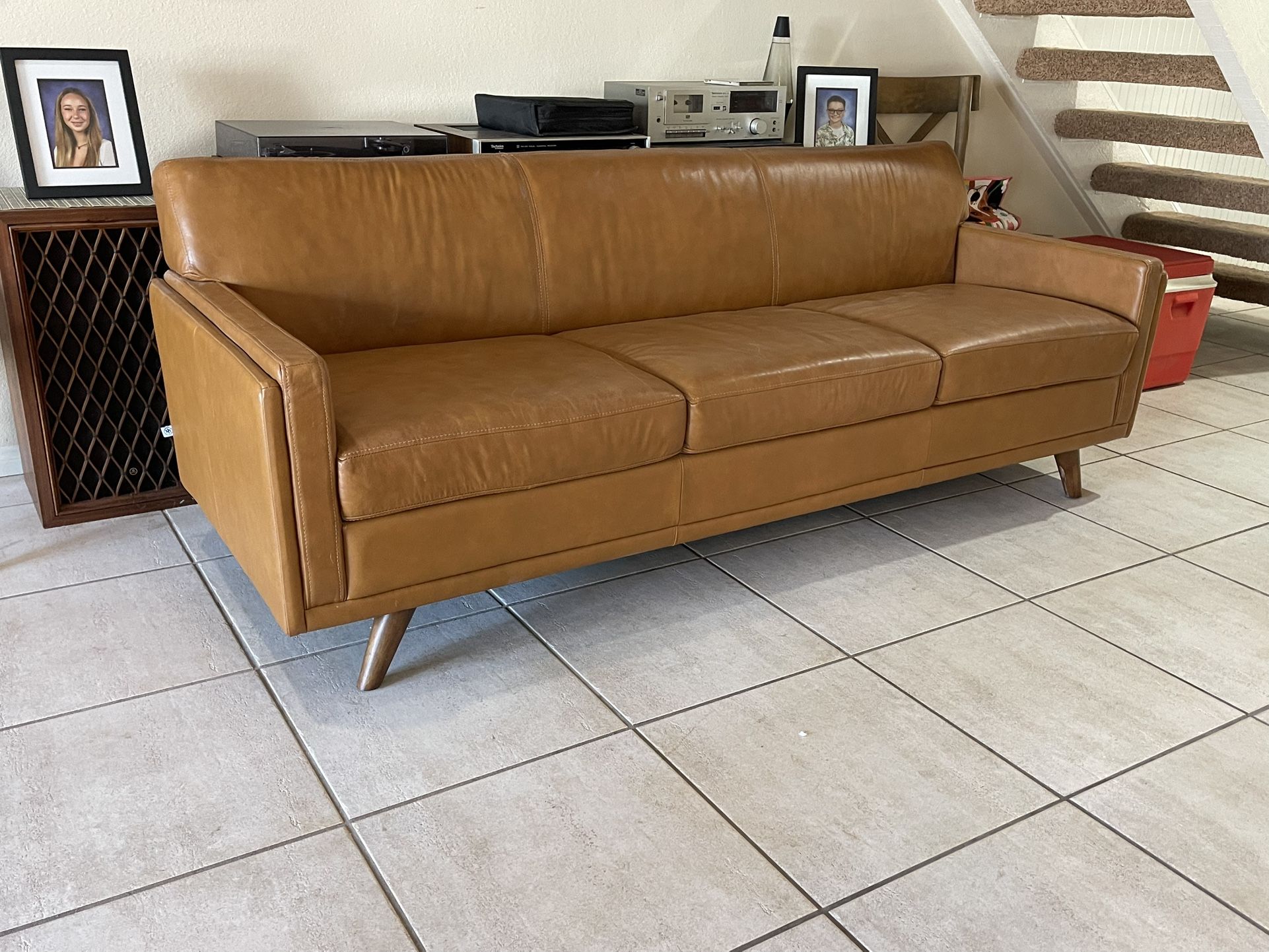 Moroni 361 Milo Sofa Tan Leather Couch MCM Style Low Profile