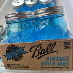 24 Vintage Blue Mason Jars With Straw Lid