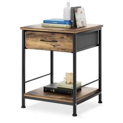 21 Inch Nightstand, Metal Frame Bedside Table with Cloth Drawer & Storage Shelf, 2-Tier Compact End Table for Small Spaces, Living Room, Bedroom, Rust