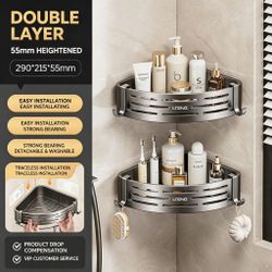 Double Layer No Drill Bathroom Corner Shelf, Wall Mounted Triangle Shower Caddy with Hooks, Aluminu