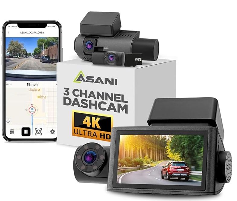 3-Channel Car Dash Cam - 4K Front, Rear, and Cabin Recording, LCD Screen