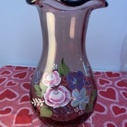 Fenton for Tele-Flora Amethyst Hand Blown / Painted Ruffled Vase