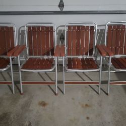 4 Vintage RED WOOD 6 Slat Aluminum Folding Chairs
