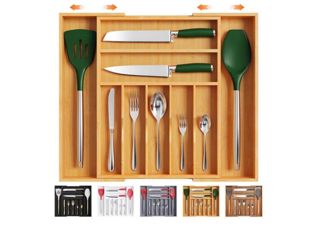 Bellsal Large Premium Bamboo Silverware Organizer - Expandable Utensil Drawer Organizer - 17"x19.6" Utensil Holder and Cutlery Tray with Grooved for K