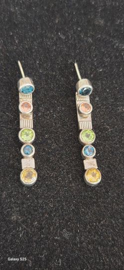 Sterling silver and assorted gemstones bar earrings, 1.7"