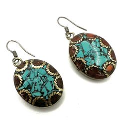 Tibetan Coral And Turquoise Oval Earrings 