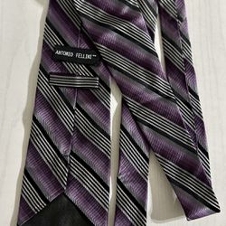 Antonio Fellini Silk Tie Purple Black Silver Neck Tie Men’s Stripes 100% Silk