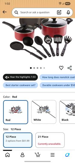BELLA Cookware Set, 12 Piece Pots and Pans with Utensils, Nonstick PFOA Free Scratch Resistant Cooking Surface Compatible with All Stoves, Nylon and A