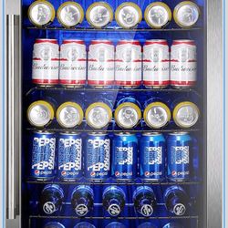 Wine Cooler 37 Bottle Freestanding Fridge with Stainless Steel Reversible Glass Door, 145 Can Beverage Refrigerator Quiet Compressor for Home Kitchen 