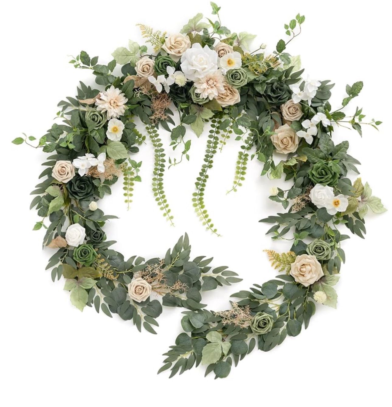 Ling's Moment 9FT Eucalyptus And Willow Leaf Garland in white and beige