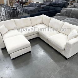 New! Ivory Sectional Sofa And Ottoman, Sectionals, Sofa, Couch, Ottoman, Beige Sectional, Corduroy Sectional, Plush Couch Sofa, Ivory White Couch,Sofa