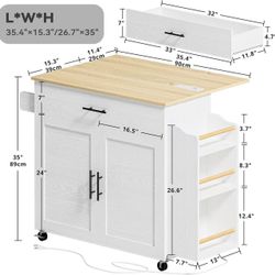 🥨IRONCK Kitchen Island with Storage, Rolling Kitchen Island on Wheels with Drop Leaf, 3 Open Spice Rack Shelf, Door Cabinet, Drawer