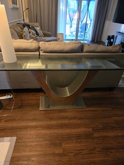 Glass Top Console Table with Brushed Steel V Base - 67 inch Sofa Table