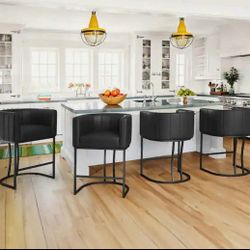 Set of 4 Modern Black Faux Leather Upholstered Counter Stool with Black Metal Frame Barrel Counter Bar Stool Set of 4 