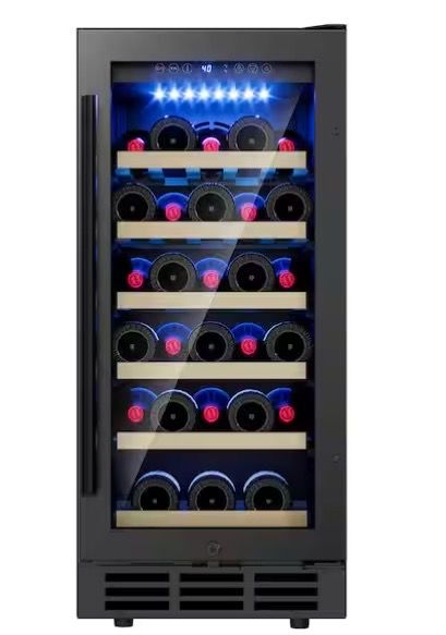 15 in. Single Zone 30-Bottle Undercounter/ Freestanding Wine Cooler in Black with Reversible Door, Removable Shelves