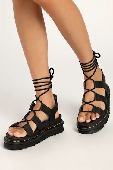 Dr Martens Nartilla Black Hydro Leather Flatform Chunky Gladiator Sandals