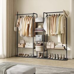 Clothes Rack with Shoe Shelf, Heavy-Duty Storage Rack, 6 Storage Shelves, 2 Hanging Rails
