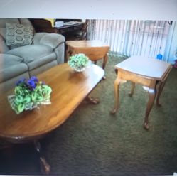 Coffee table and two end tables solid oak very good condition the end table leaves drop down on the sides to make them a little smaller