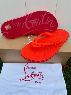 CHRISTIAN LOUBOUTIN SUPER LOUBI FLIP DONNA FLAT ORANGE RUBBER SANDALS SPIKES 41