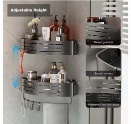 Corner Shower Caddy Suction Cup, Corner Shower Shelves No Drilling, Aluminum Upgrade Suction Cup Shower Organizer with Towel Bar & Hooks Removable Bat