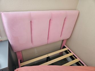 Pink Twin Bed Frame with Velvet Upholstered Headboard