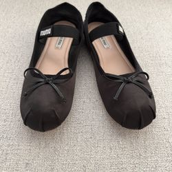  Miu Miu Satin Strap Black Ballet Slipper Bow Logo Flats  size 37