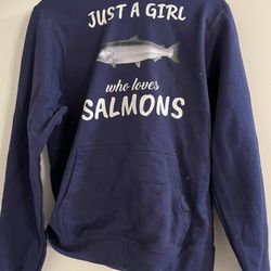 Blue Hooded Salmon Sweatshirt Size Small