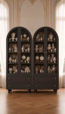 Set of 2.  Arched Kitchen Pantry Cabinet, 71" Tall Wood Storage Cabinet with 2 Glass Doors, 4 Shelves and 2 Drawers, Food Cabinet for Kitchen, Living