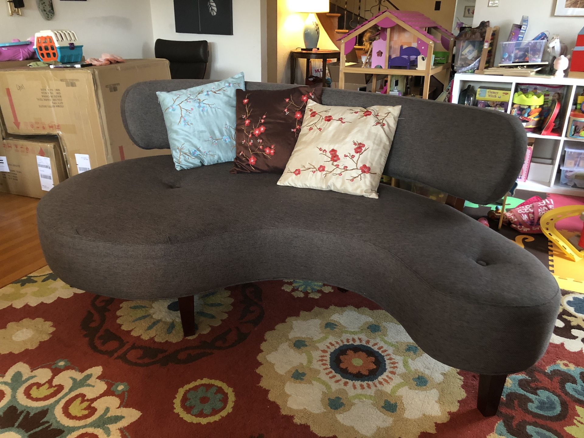 SITCOM furniture sofa & loveseat set, chocolate brown fabric / kidney shaped