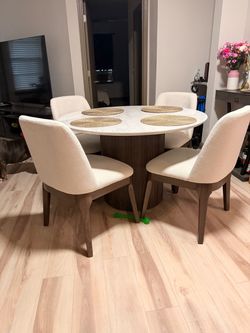 Sylvie Dark Brown 5 Piece Dining Set w/Round Faux Marble Top Table & 4 Upholstered Side Chairs