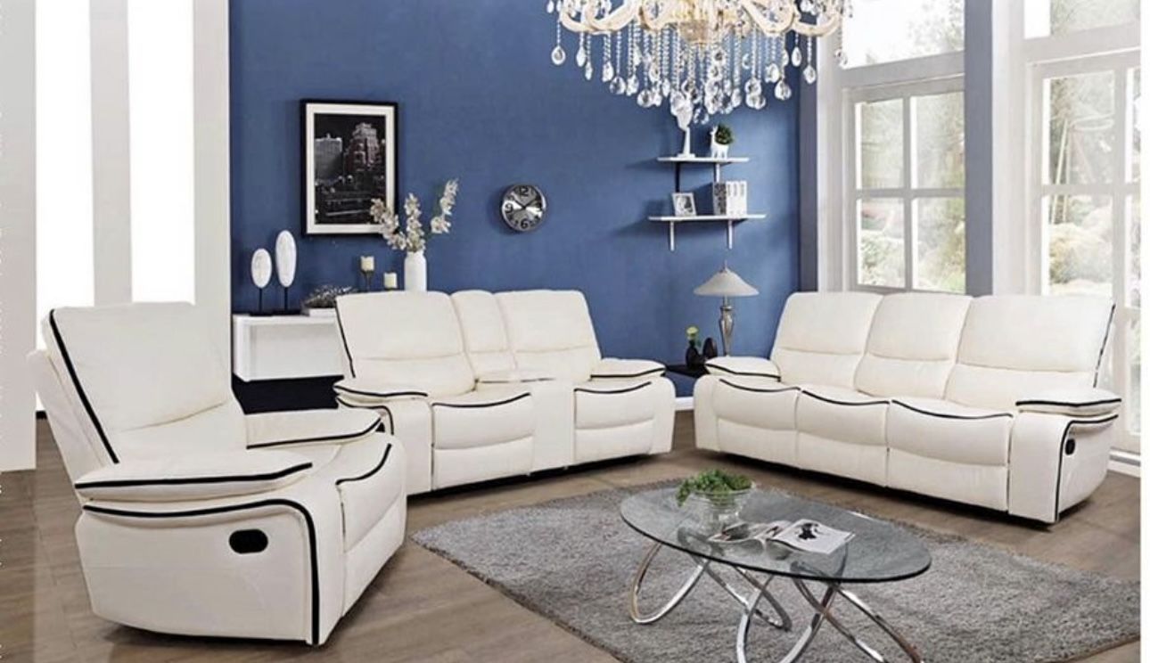 White Leather Fully Reclining Three Piece Couch Set