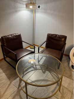 Modern Conversation Set – 2 Accent Chairs + Glass Coffee Table + Floor Lamp