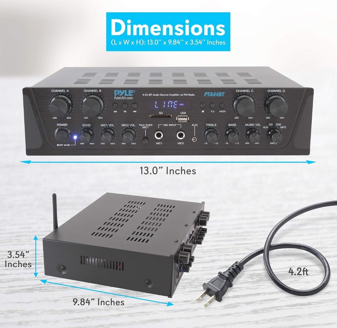 Pyle 500W Karaoke Wireless Bluetooth Amplifier - 4 Channel Stereo Audio Receiver with AUX IN, FM Radio, RCA Subwoofer Speaker OUT, USB, Microphone IN