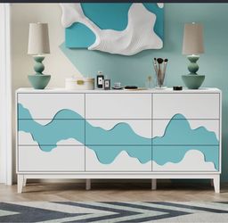 White and Teal 9-Drawer  Dresser 63”