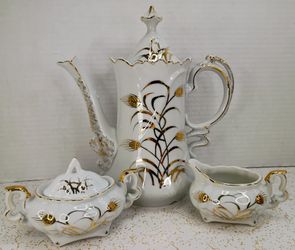 Mid Century Vintage Lefton China Golden Wheat Harvest Tea Set - Teapot, Sugar Bowl and Creamer!