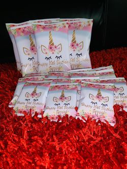 Party favors (custom chip bags and fruit snacks)