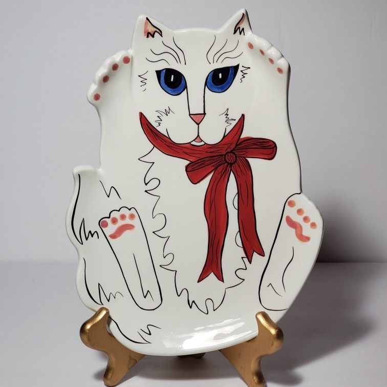 Cats by Nina Plate White Cat Red Bow