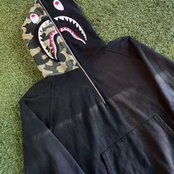 Bape Green Camo/Black Quarter Zip Shark Hoodie Size XL