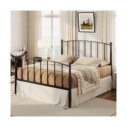 Queen Size Bed Frame, Metal Platform Bed with Victorian Style Iron-Art ...