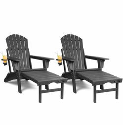 Outdoor Patio Adirondack Chairs Set of 2 – Foldable Reclining Backyard Lawn Garden Chairs w/ Footrest Ottoman
