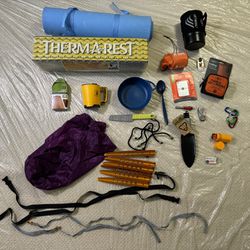 Backpacking/Camping/Outdoors Gear Set: JetBoil, Thermarest, Sleeping Pad, Camping Cookwear, Bivvy, Folding Bucket, Knife, and More