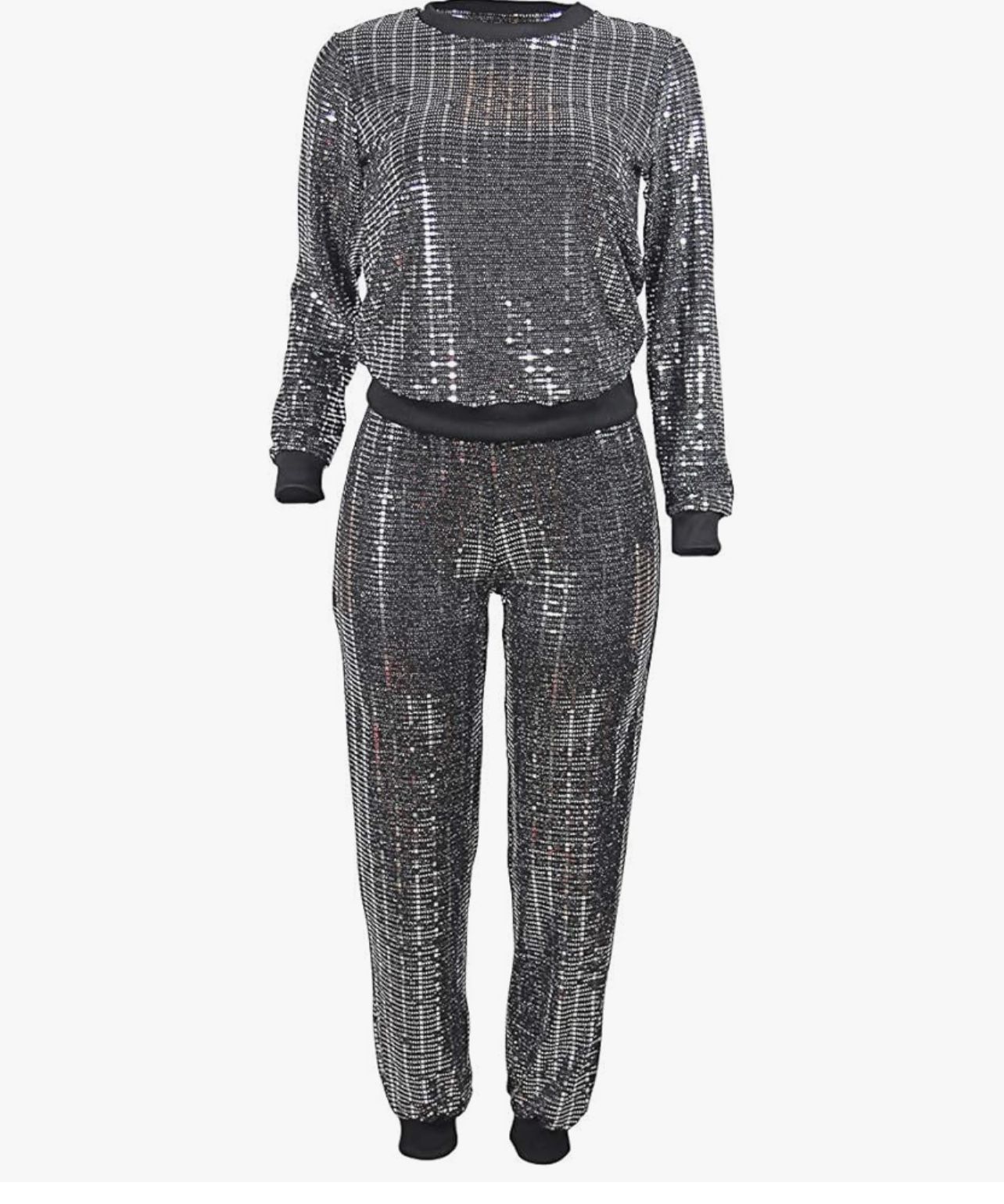 Women's 2 Piece Outfits Glitter Sequin Metallic Shiny Pullover Tops & Pants Set Sparkly Party Clubwear