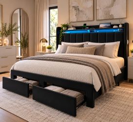 Queen Bed Frame with 2-Tier Storage Headboard & 2 Large Drawers
Velvet Upholstered Queen Platform Bed Frame with LED Lights, Charging Station, Noise-F