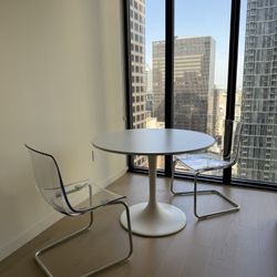 White Round Table + Two Clear Dinning Chairs