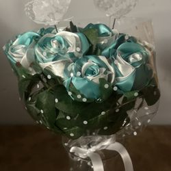 Teal & White Ribbon Rose Bouquet w Butterflies