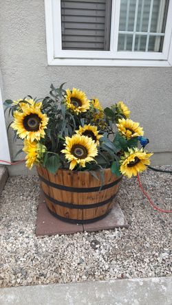 Large Wooden Barrel Planter with Artificial Sunflowers