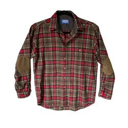 Pendleton Plaid Men’s Trail Shirt Sleeve Elbow Patches 100% Wool Button-up Large