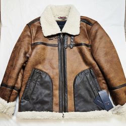 Tommy Hilfiger Mens Premium Faux Shearling Fabric Aviator Bomber Jacket Size L