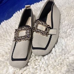 Beige Knit Loafers with Decorative Buckle - Women's Slip-On Flats